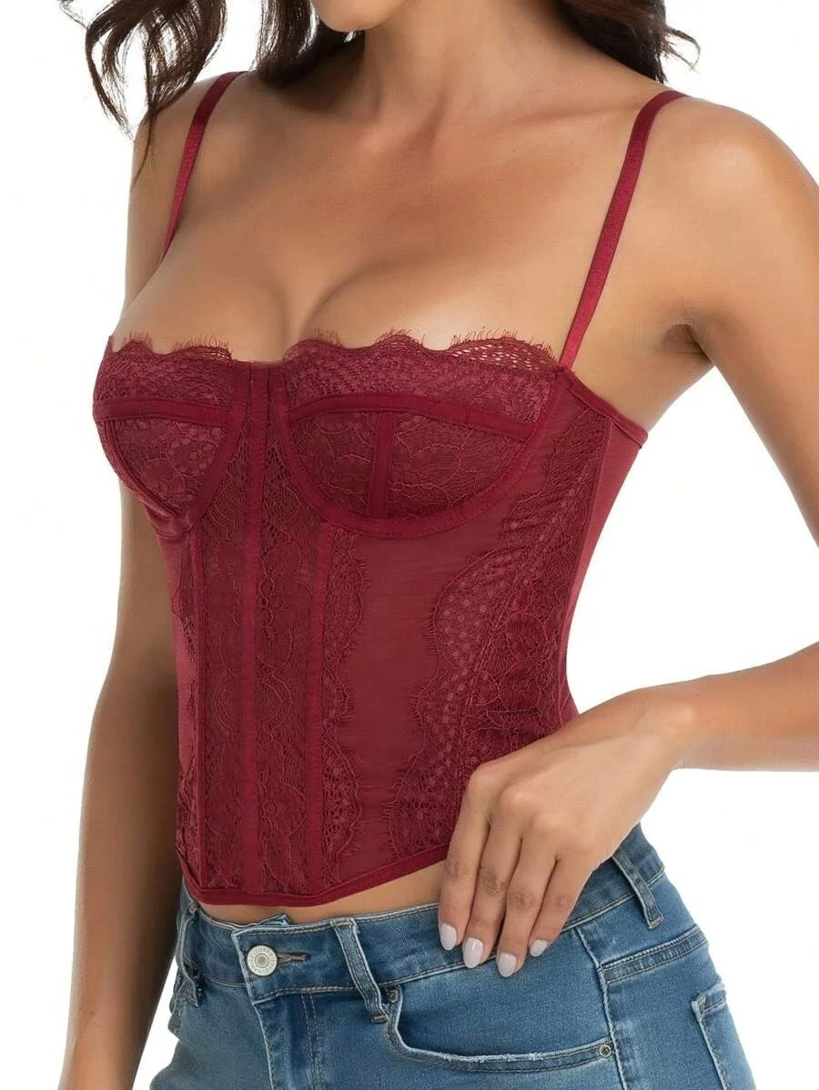 Orevena Hollow out Lace Camisole Sleeveless Mesh Transparent Corset Top Slim Fit Fishbone Bustier Tank