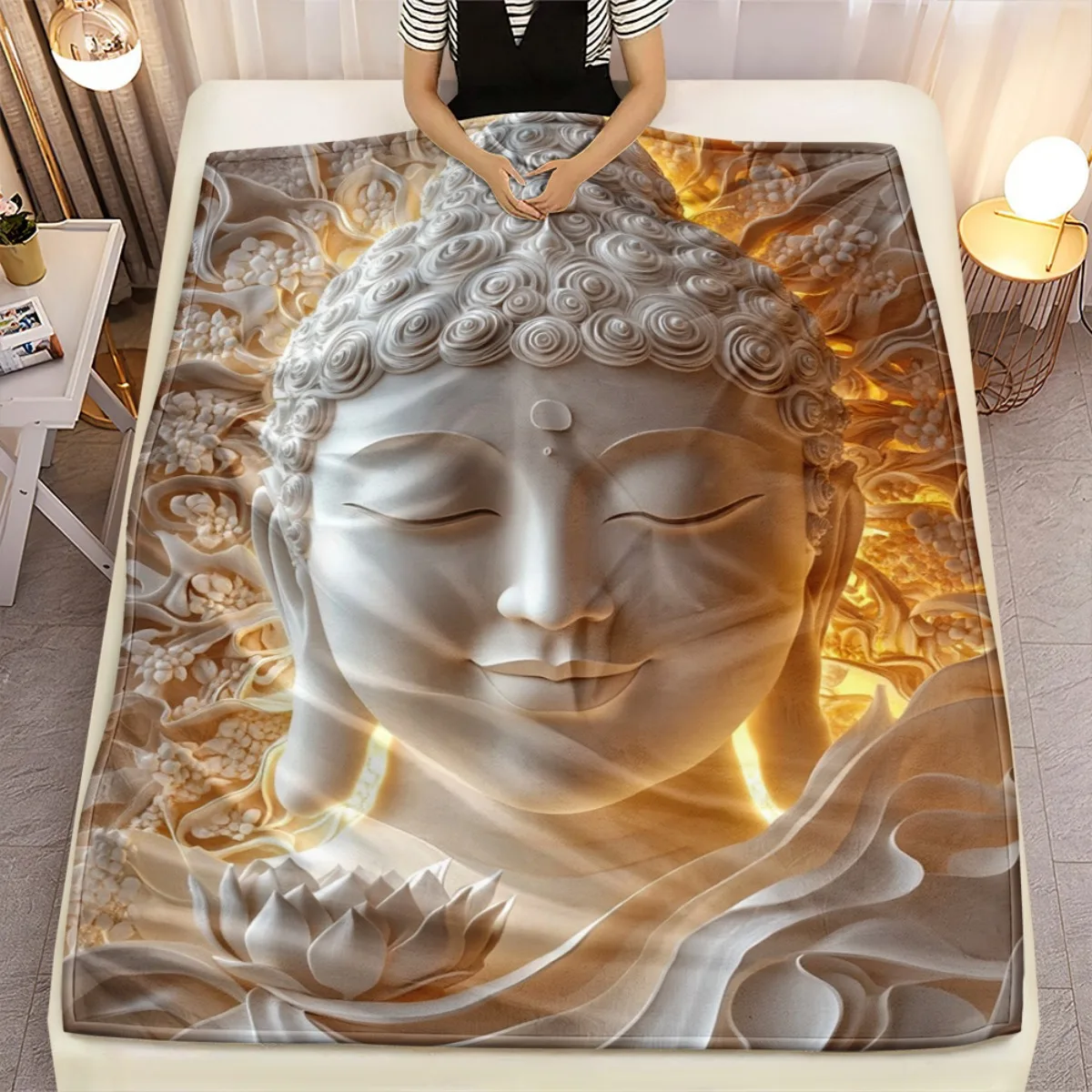 Buddha Face Lotus Fleece Blanket Zen Meditation Art Peaceful Design Soft Plush Throw Cover Spiritual Home Decor Yoga Gift