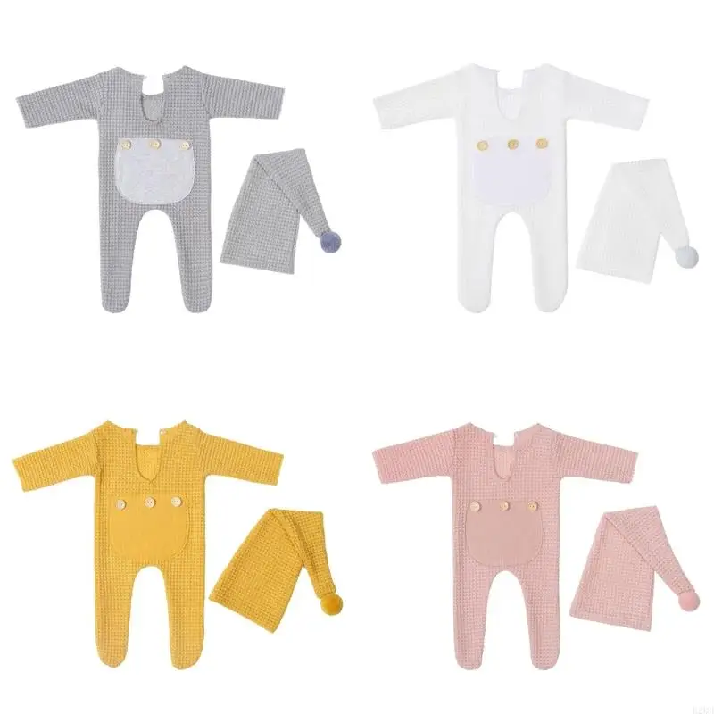 

B2QD 2Pcs Baby Hat Romper Knitted Jumpsuit Long Tail Infants Newborn Photography Props Photo Clothing Ouifit