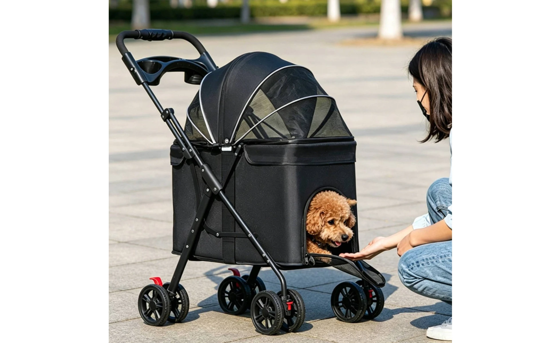 Foldable Pet Stroller Carrier Wheeled Mesh Pet Stroller