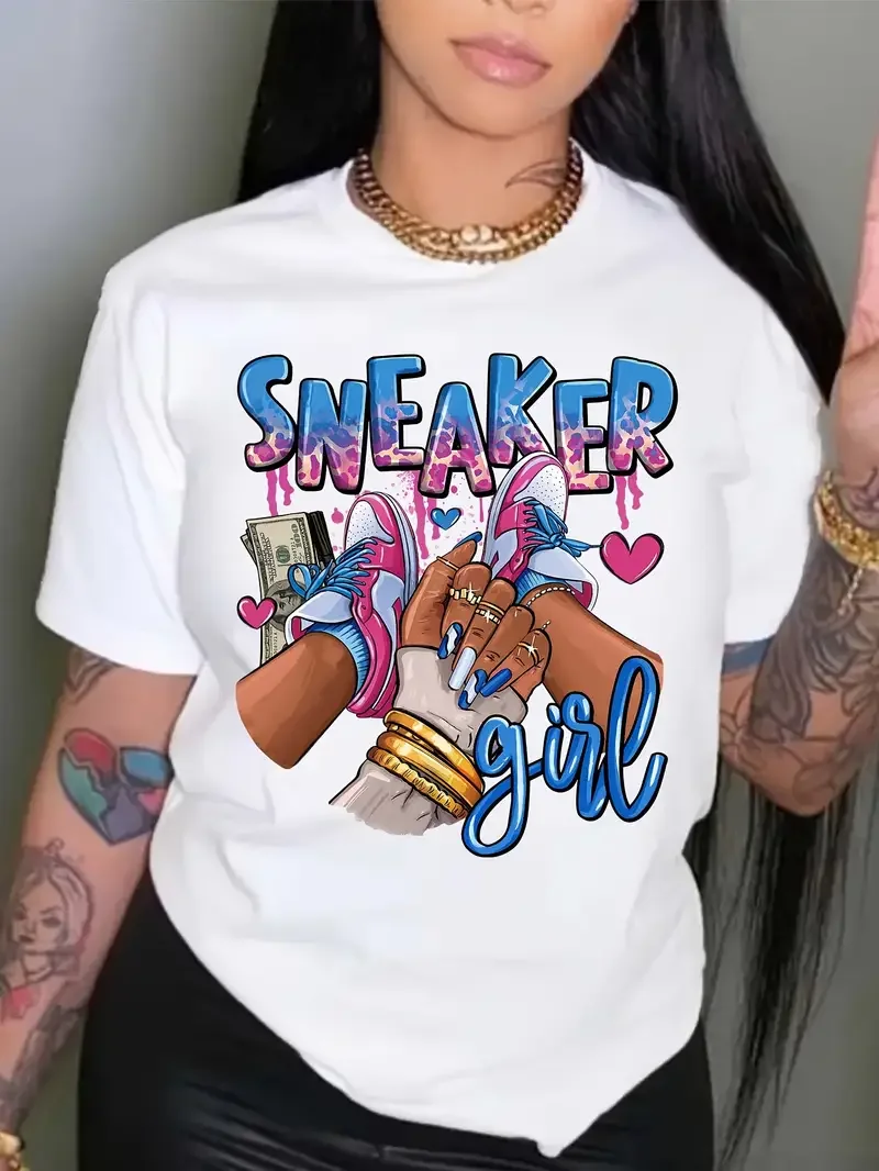 Sneaker Girl wydruk graficzny t-Shirt z krótkim rękawem Top z okrągłym wycięciem na szyi damska odzież koszula damska koszulka Kawaii