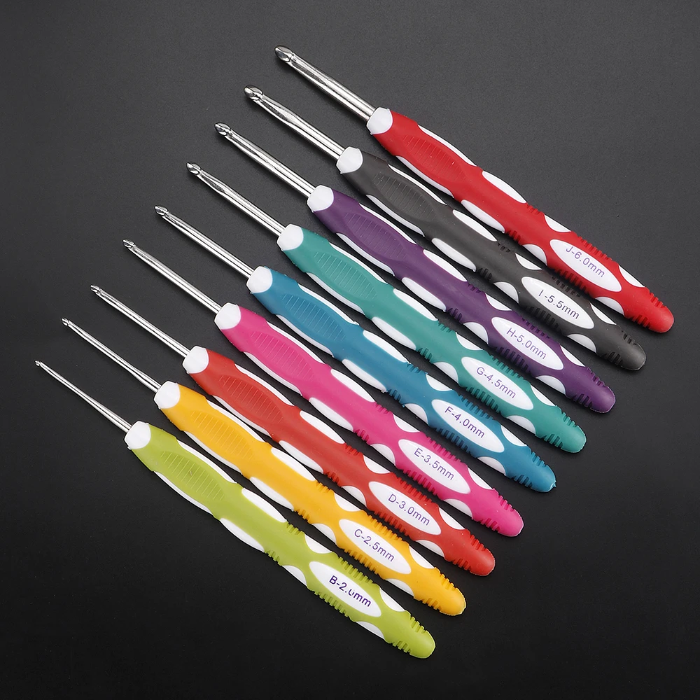 9Pcs Candy Color Crochet Hook Set with Soft Grip Handles, Durable Plastic Single-Pointed for Knitting & Crafting, Smooth Tips