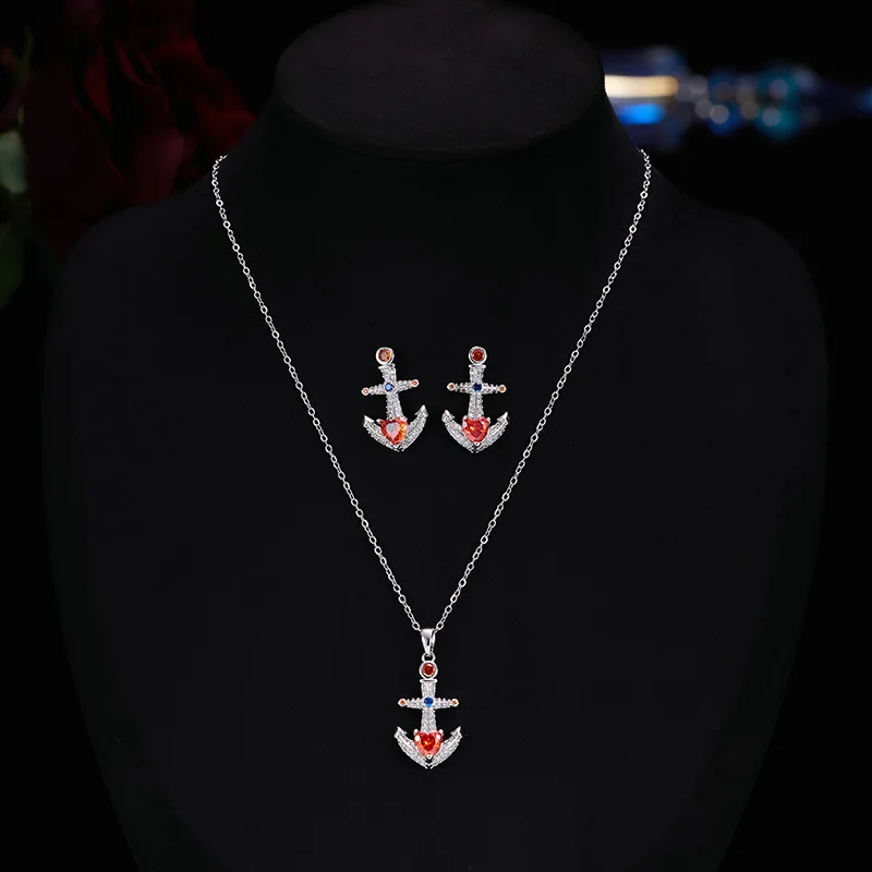 

Retro Creative Fashion Design Zircon Cross Pendant Necklace And Earrings Jewelry Set Wholesale LYT035