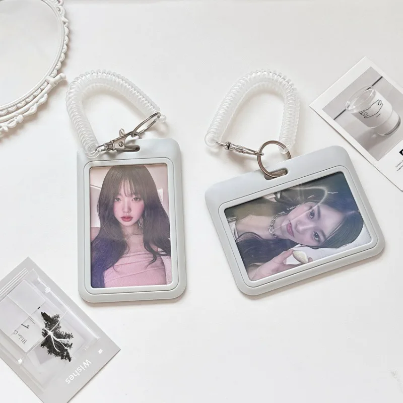 Solid Color ABS Plastic Bus Pass Keychain Card Holder Badge Sleeve Cover Working Permit Case Spring Style Lanayrd