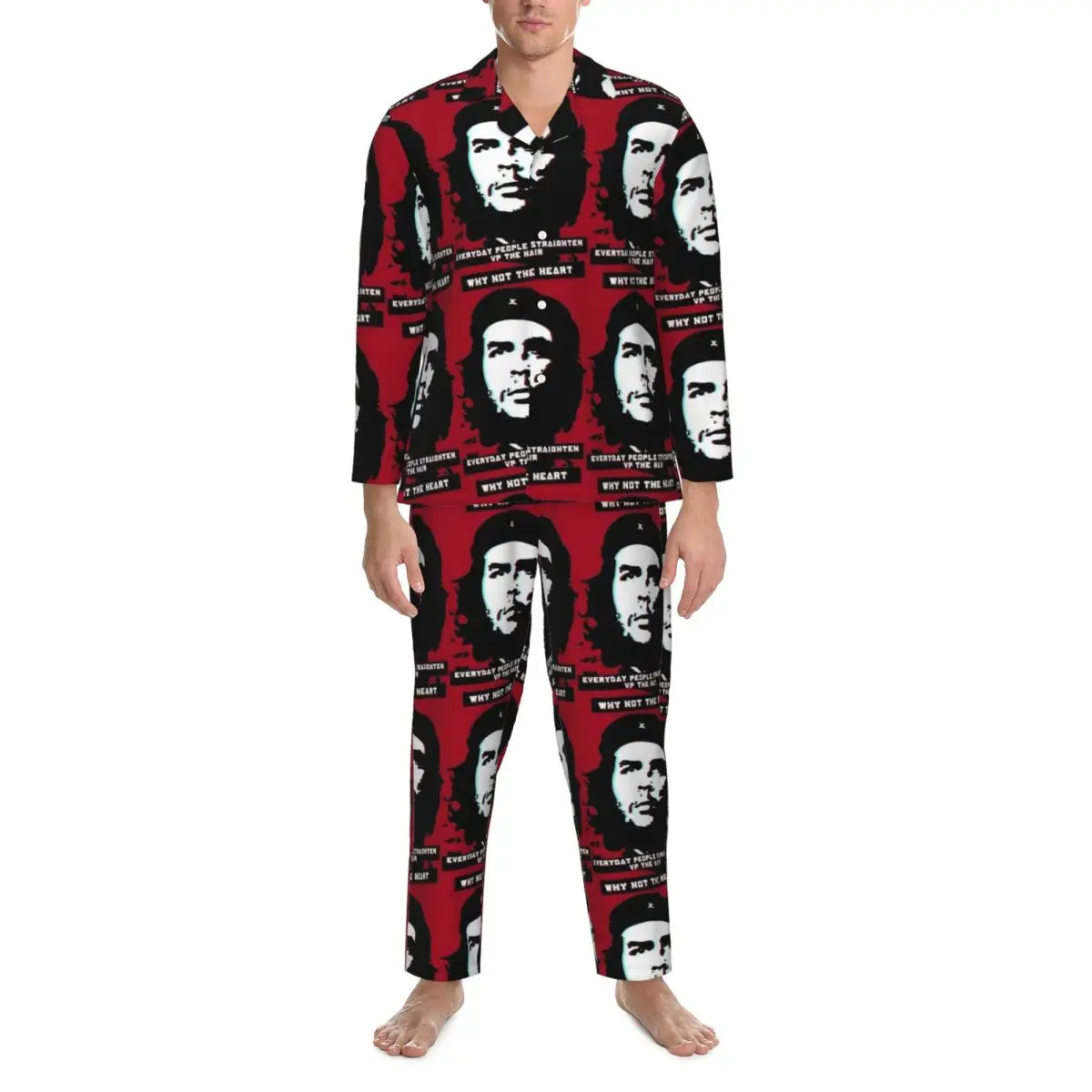 CCCT Che Guevara Glitch Art Quote Red Sleepwear Autumn Vintage Oversized Pajama Sets Male Long Sleeve Romantic Sleep Nightwear