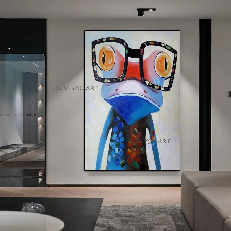 100% Hand Painted Canvas Oil Painting POP Art Abstract Animals Color Frog With Glasses Wall Picture For Living Room No Framed