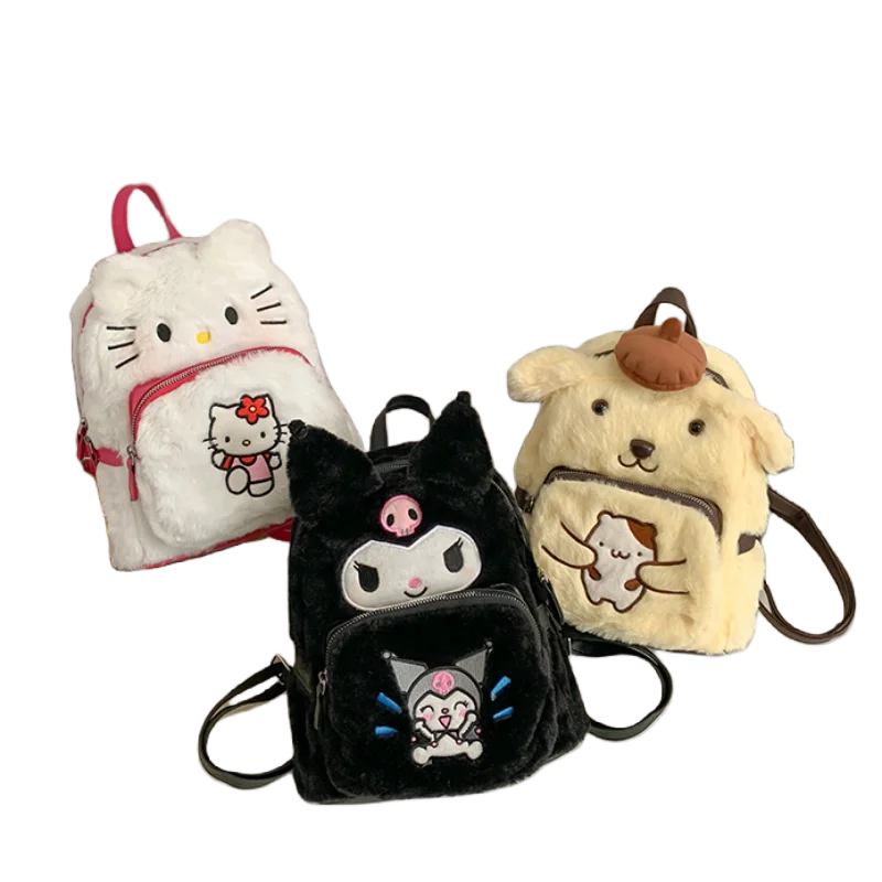 

MINISO Sanrio Cartoon Kuromi Pom Pom Purin Children's Plush Backpack Japanese Hello Kitty Doll Fashion Backpack Gifts for Girls