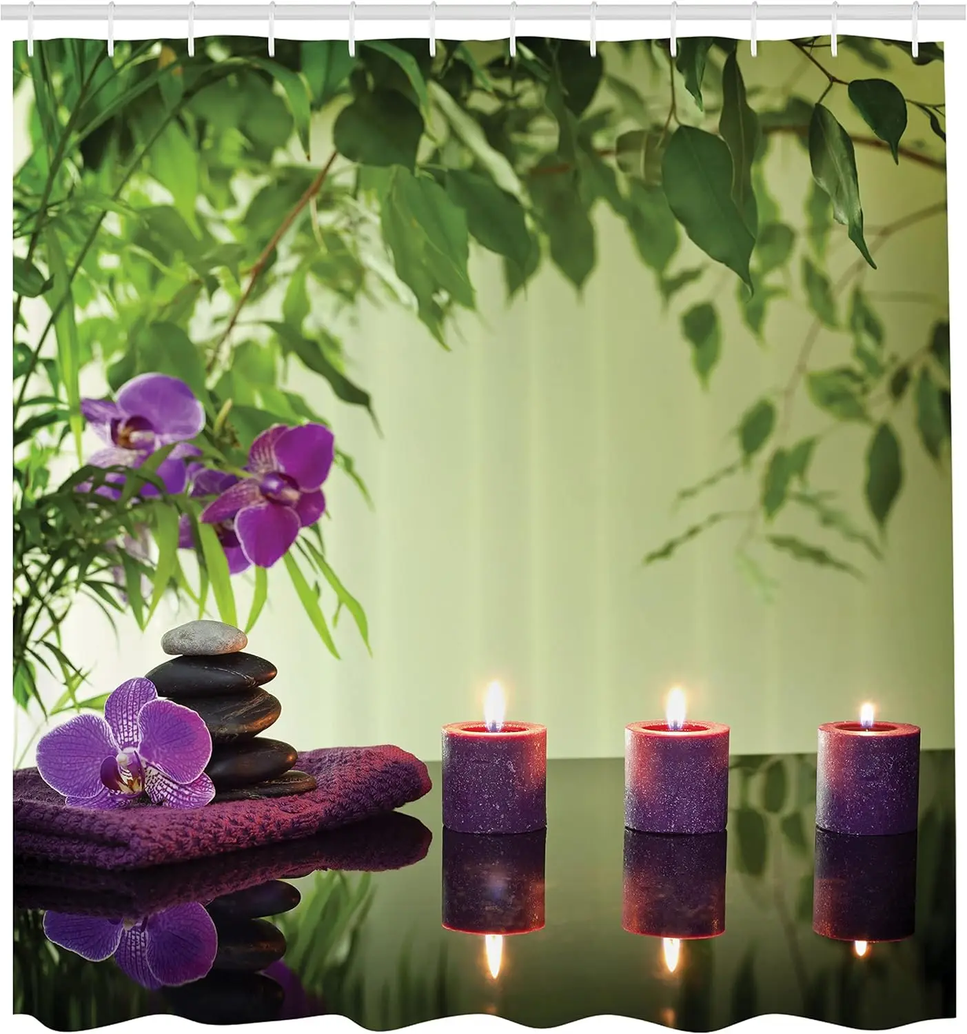 

Занавеска для душа в спа-центре, камни, ароматические свечи и орхидеи, лечение цветов, отпуск, тканевый набор для декора ванной комнаты