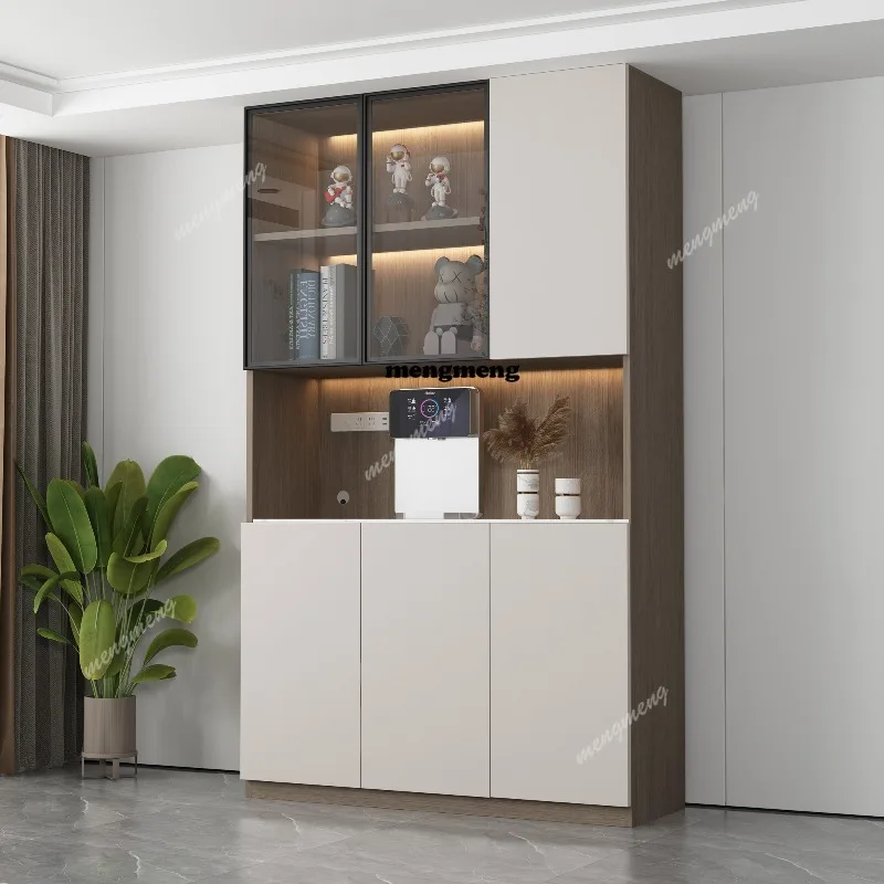 

Solid wood minimalist rock slab high cabinet integrated wine cabinet light strip modern simple living room glass locker