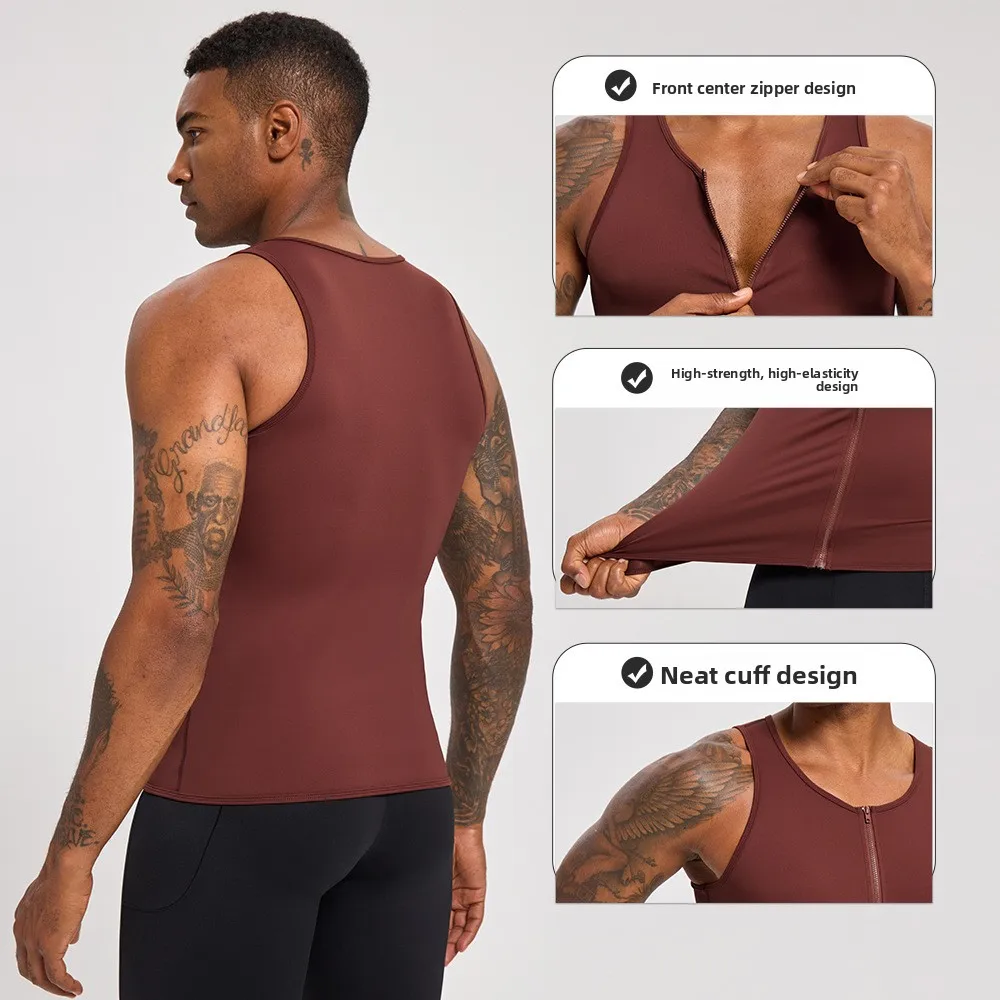 Men's strong shaping tight fitting fitness suit zipper sports vest, quick drying breathable running  Vests sports fitness vest