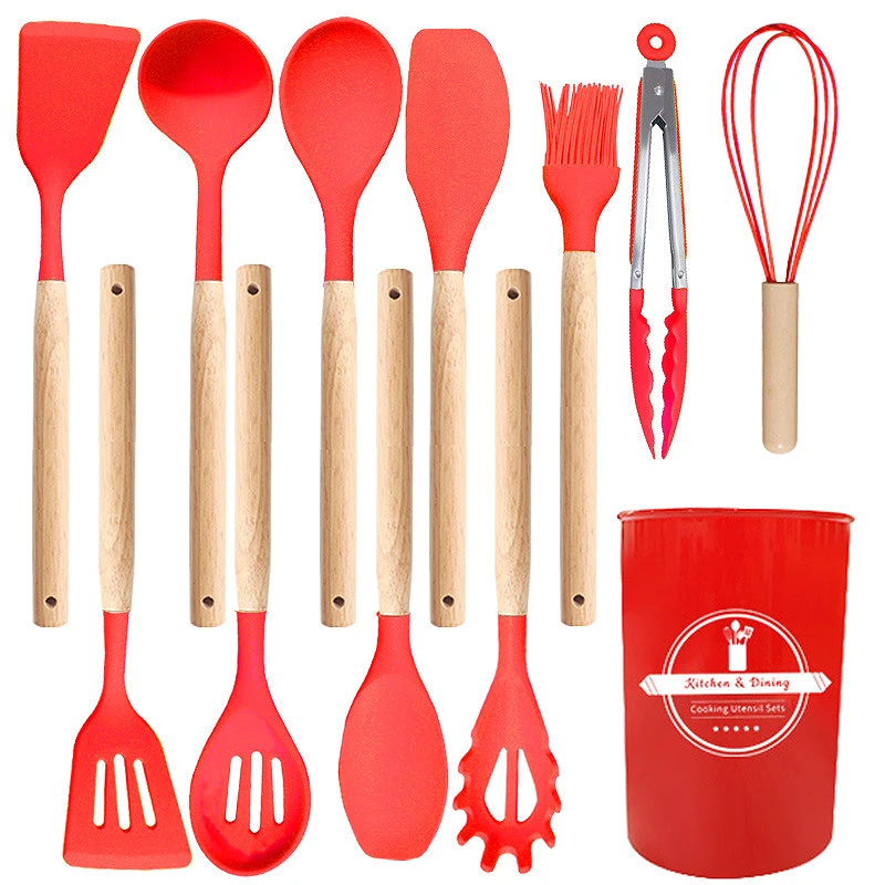 12Pcs Silicone Utensils Set Non-Stick Cookware Spatula Shovel Egg Beaters Wooden Handle Kitchenware Home Kitchen Cooking Tools