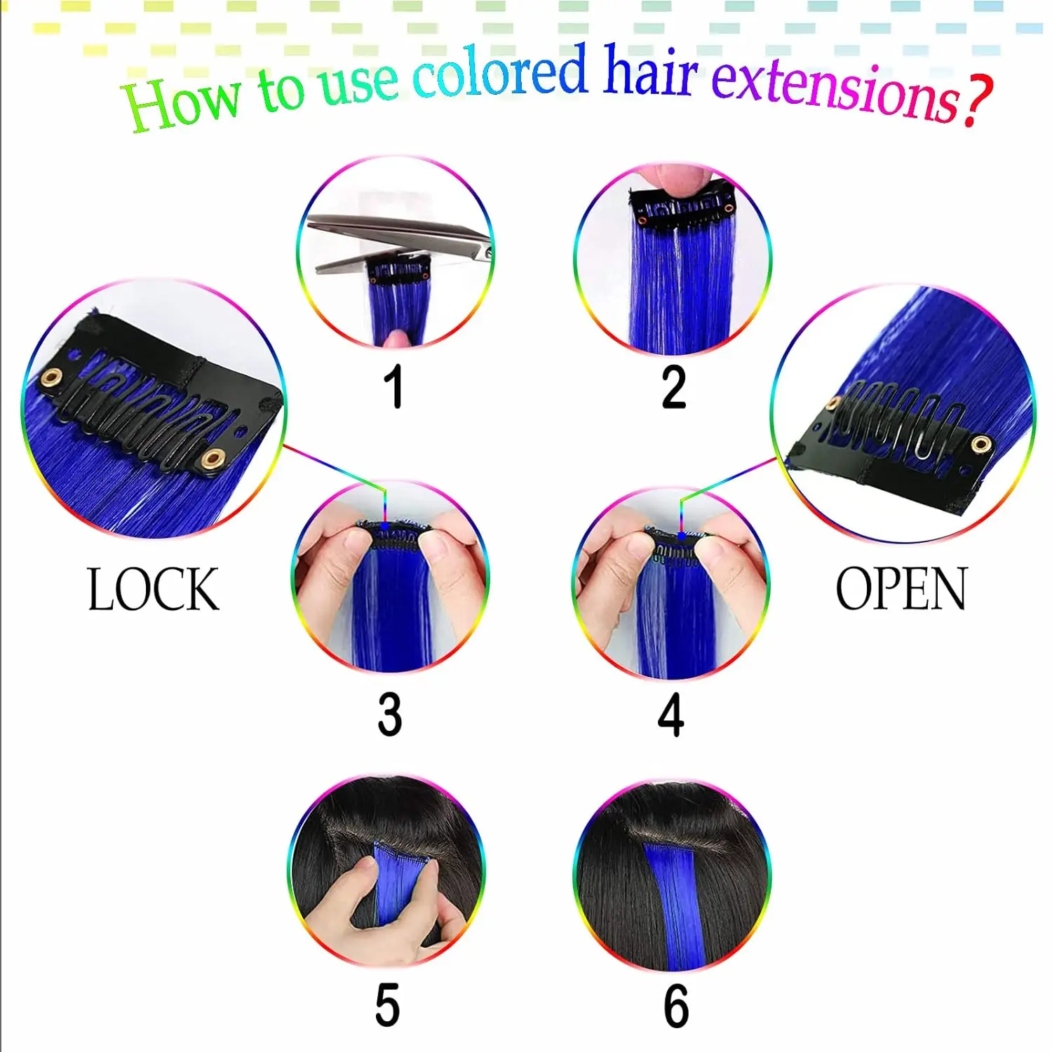 Synthetic 10 PC Hair Extensions Red and Blue Clip in SOlldag Colored Party Highlights Straight Hairpiece for Kids Girls Women