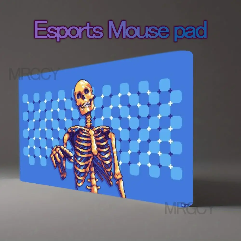 Pixel Skeleton Gaming Mouse Pad Retro 8Bit Blue Grid Vintage Game Art Non‑Slip Desk Mat for TCG Card Game Esports Office Gift