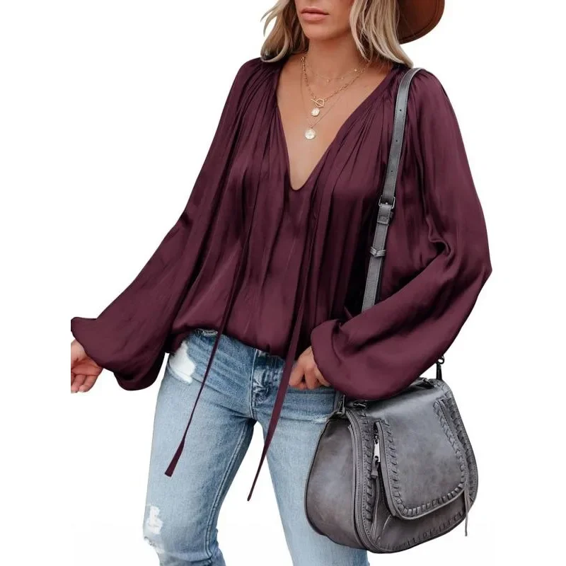 

Plus Size 1XL-5XL Fashion Long Sleeve V Neck Office Casual Shirt Women Elegant Simple Loose Blouse Lady Pleated Solid Color Top