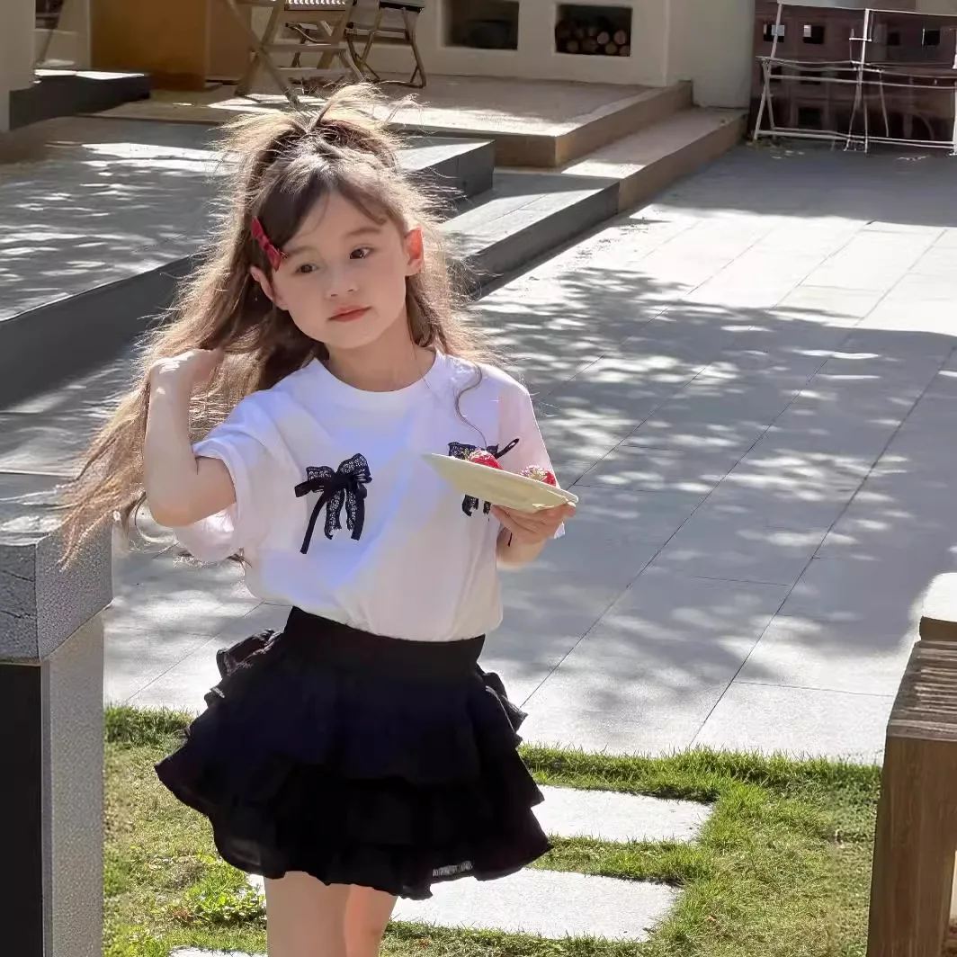 

Girl Clothes Suit Children Wear 2024 Summer Bow Short Sleeve T-shirt Cake Dress Set Girl Treasure Top and Skirt Two-piece Set