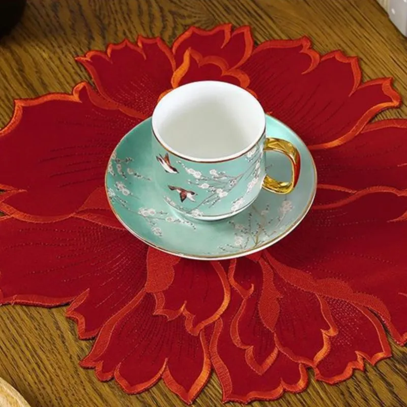 4 قطعة 2026 النمط الصيني الفاوانيا رائعة المطرزة تحديد الموقع مقاومة للحرارة المضادة للحرق طبق مزخرف حصيرة الشرقية ديكور للطاولات #4