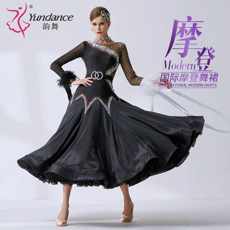 

B-19447 High-end High Quality Sexy Women Girls Black Smooth Dance Competition Wear Custom Ballroom Dress With Pearl Silk
