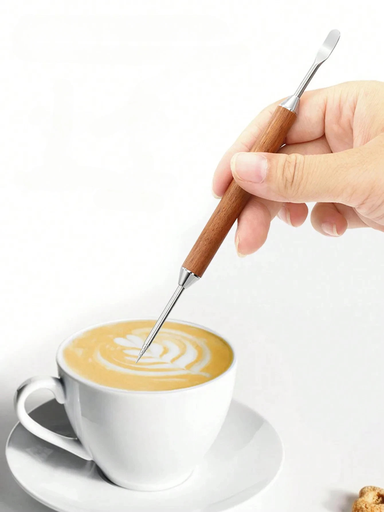 Stainless Steel Coffee Art Pen With a Box, Coffee Latte Needle with Wood Handle Cappuccino Spatula Needle Barista Tool