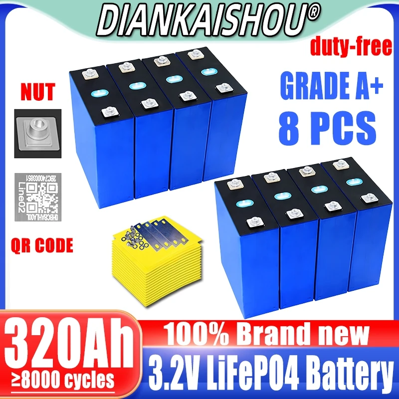 

8 pcs new 3.2V 320Ah Lifepo4 rechargeable battery Grade A DIY 12V 24V 48V RV solar storage golf cart battery pack EU/US TAX-FREE