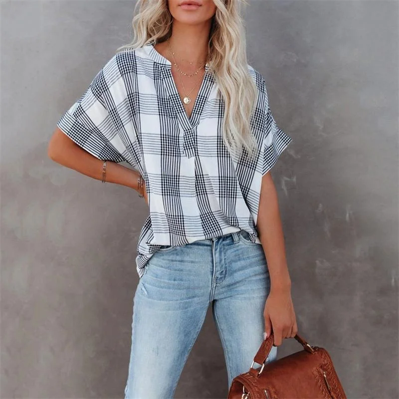 夏の女性のカジュアルシフォンブラウスヨーロピアンスタイルトップ V ネック半袖ストリートファッションプリントルーズフィットミッドレングスシャツ