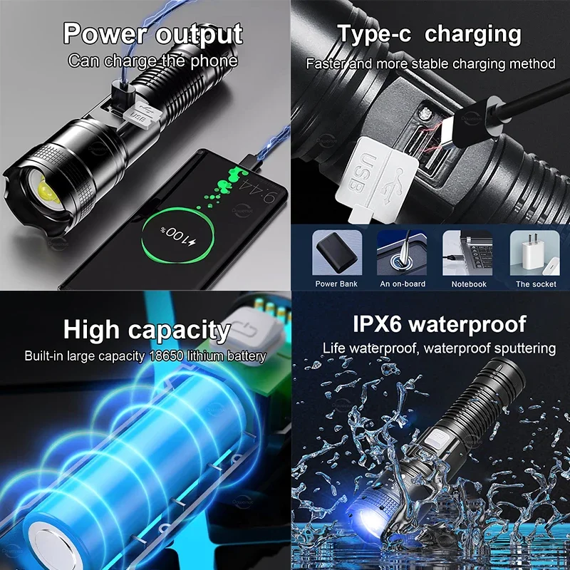 50000000LM High Strong Power LED Flashlights Tactical Torch Display Light USB Charging Camping Fishing Emergency Zoom Lantern\;[