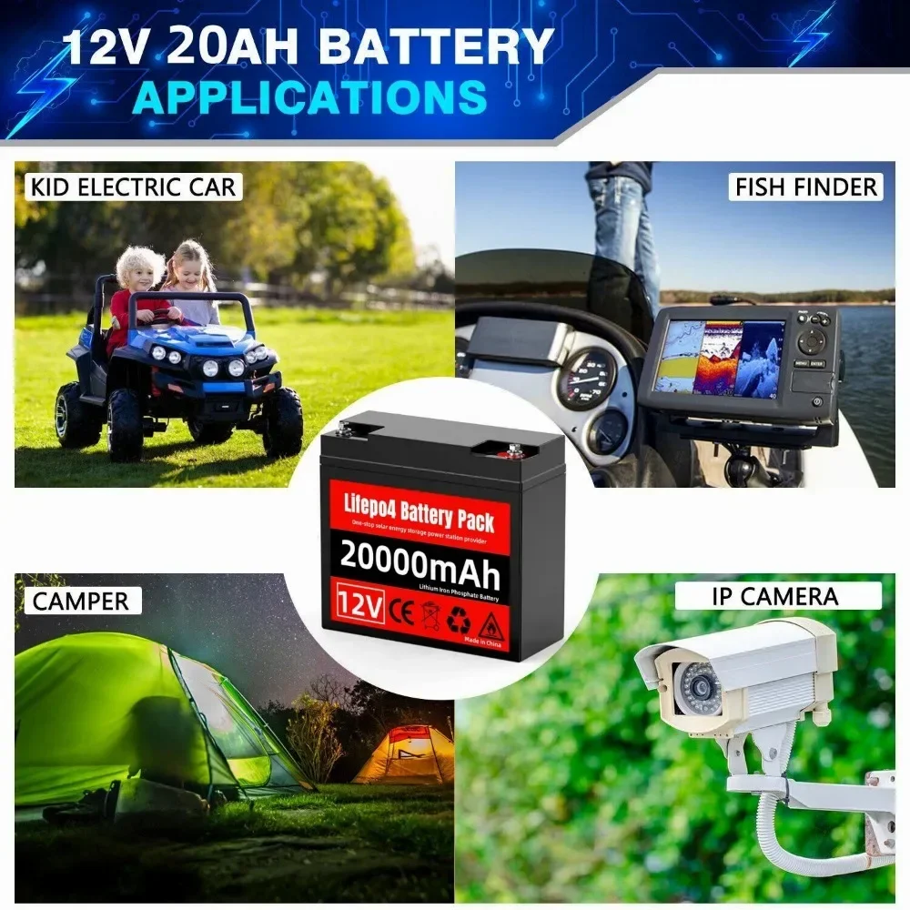 12V 20Ah built-in 100A BMS LiFePo4 Battery Lithium Iron Phosphate 24V LiFePo4 Rechargeable Battery for Kid Scooters Boat Motor