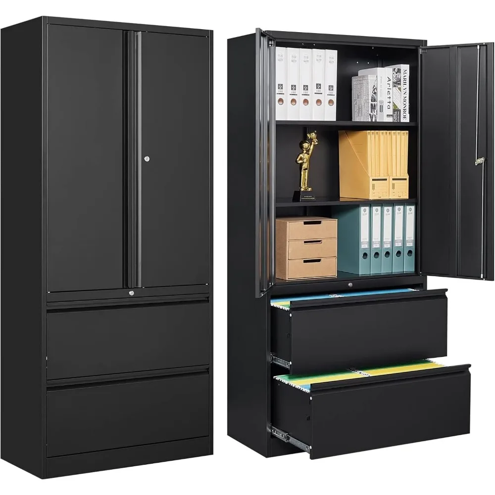 2 Drawer Lateral File Cabinet - Metal Storage Cabinet with Locking Drawers for Letter/A4 Size Files (Black)