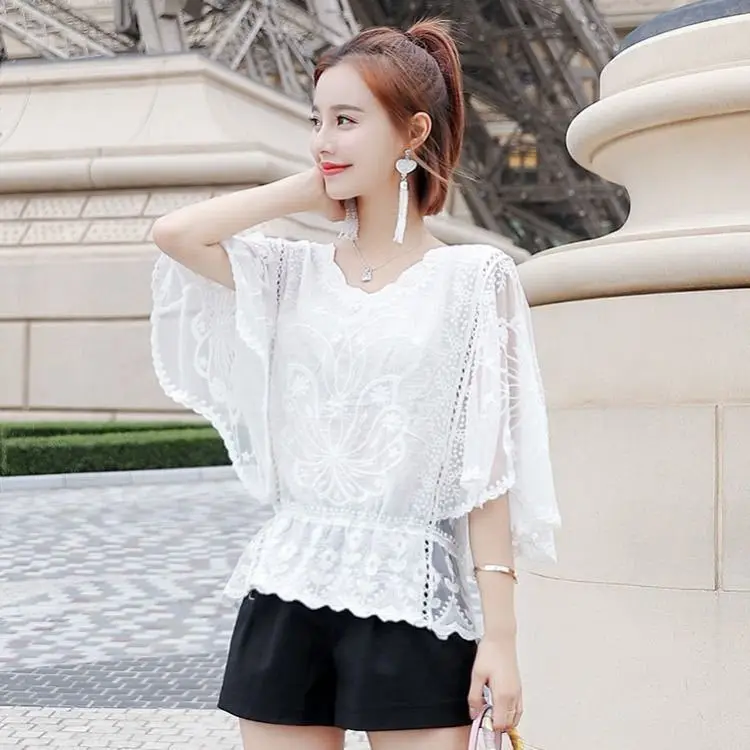 Women 2025 Summer Lace Blouses Shirt White Black Casual O Neck Batwing Sleeve Tops Ladies Elegant Blouse Blusas Mujer De Moda