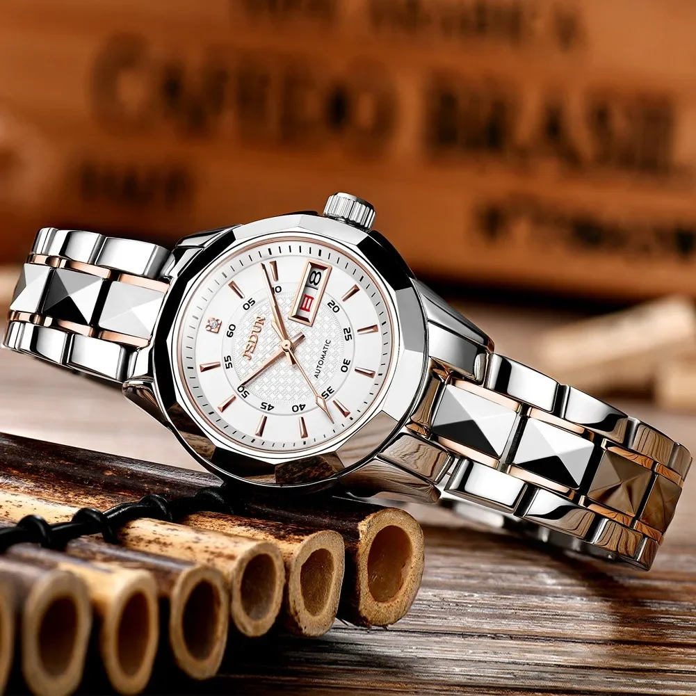 JSDUN 8014 Waterproof Women Wristwatch Japan Automatic Mechanical Stainless Steel Strap Business Watches For Women Calendar