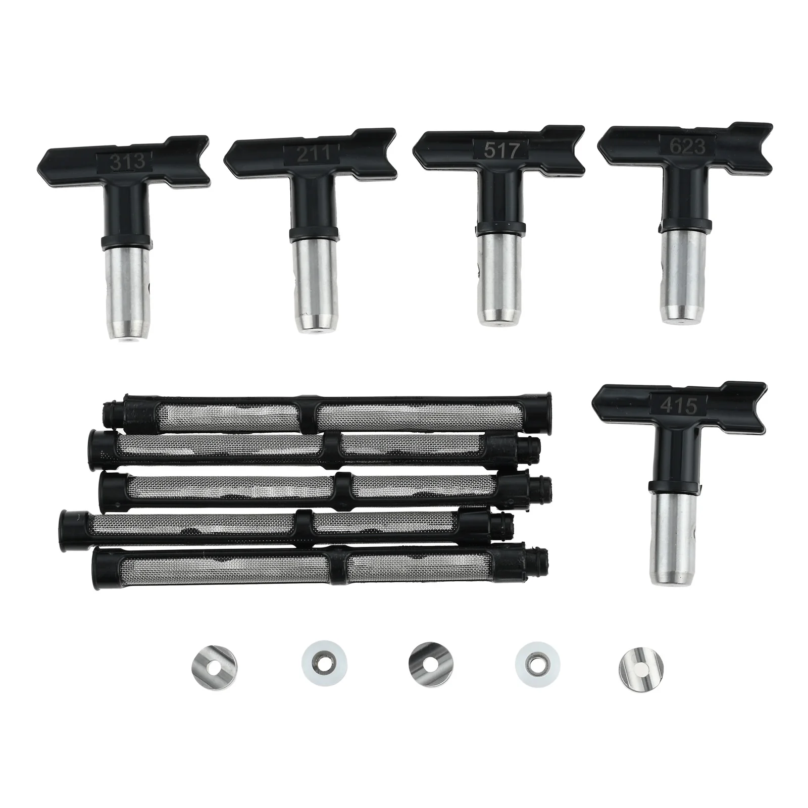 Boquillas de pulverización sin aire con punta de pulverización Reversible, 5 filtros de pintura de piezas para pistolas de pulverización de pintura sin aire, 211/313/415/517/623, 5 piezas