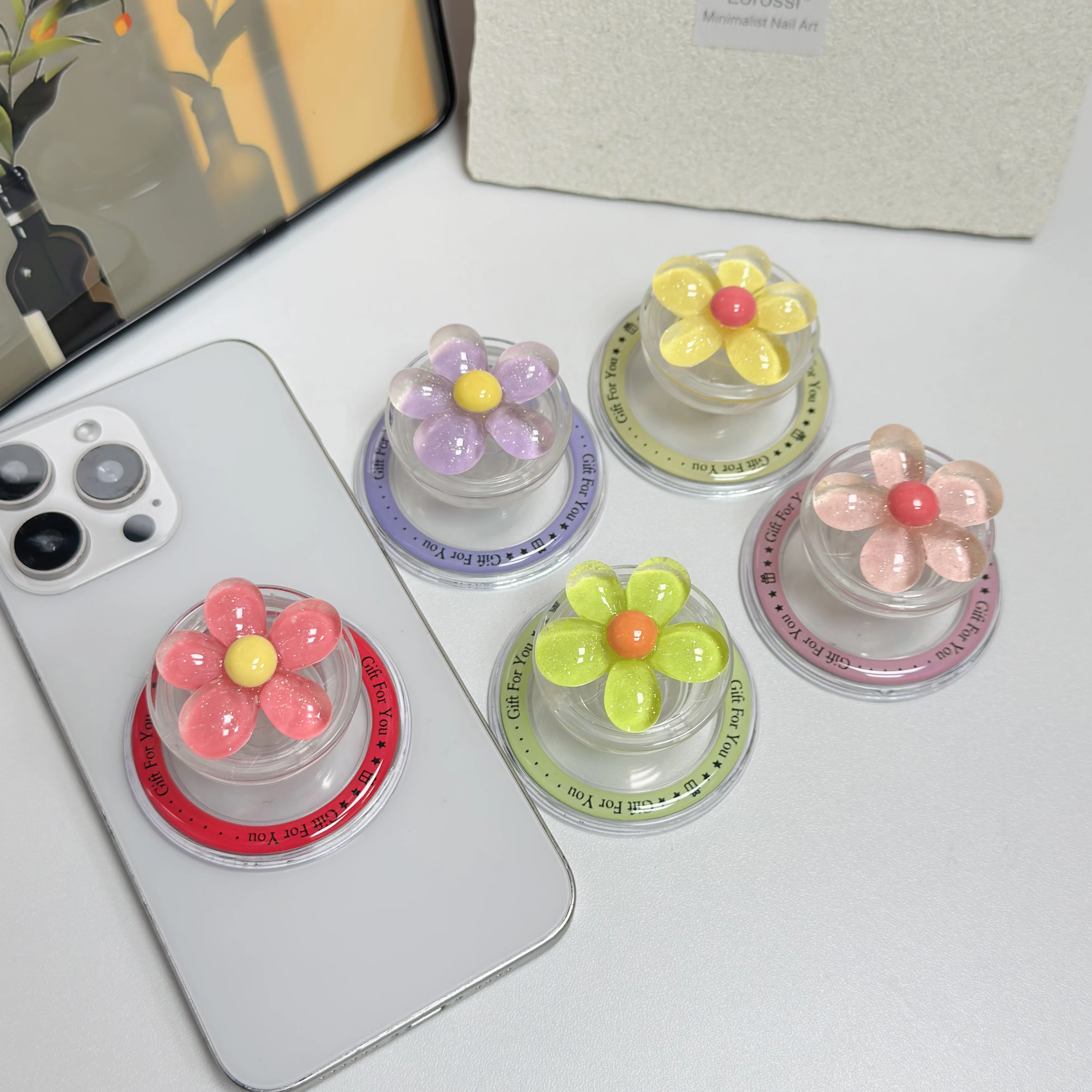 

Suporte De Telefone 3D Transparente Com Flor, Griptok Japonês Para IPhone 16 17 15 Pro Max Suporte Coreano