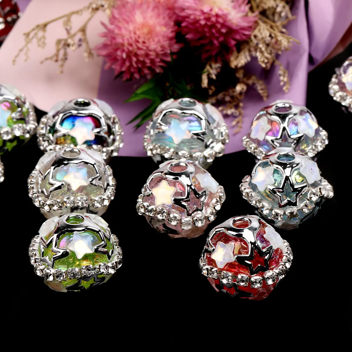 4pcs Mixed Silvery Five-pointed Star Hollowed Sparkling Rhinestone Acrylic Beads For Jewelry Making DIY Pens Accessories 