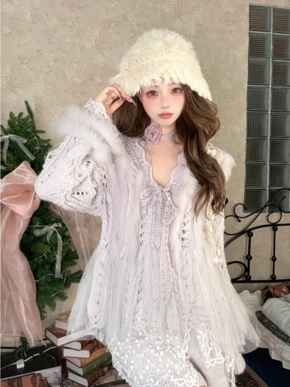 

Романтичный вязаный кружевной свитер с V-образным вырезом, свободный крой, женский, осенне-зимний, модный, милый, стройнящий комплект, асимметричный, с вырезами, длинный рукав