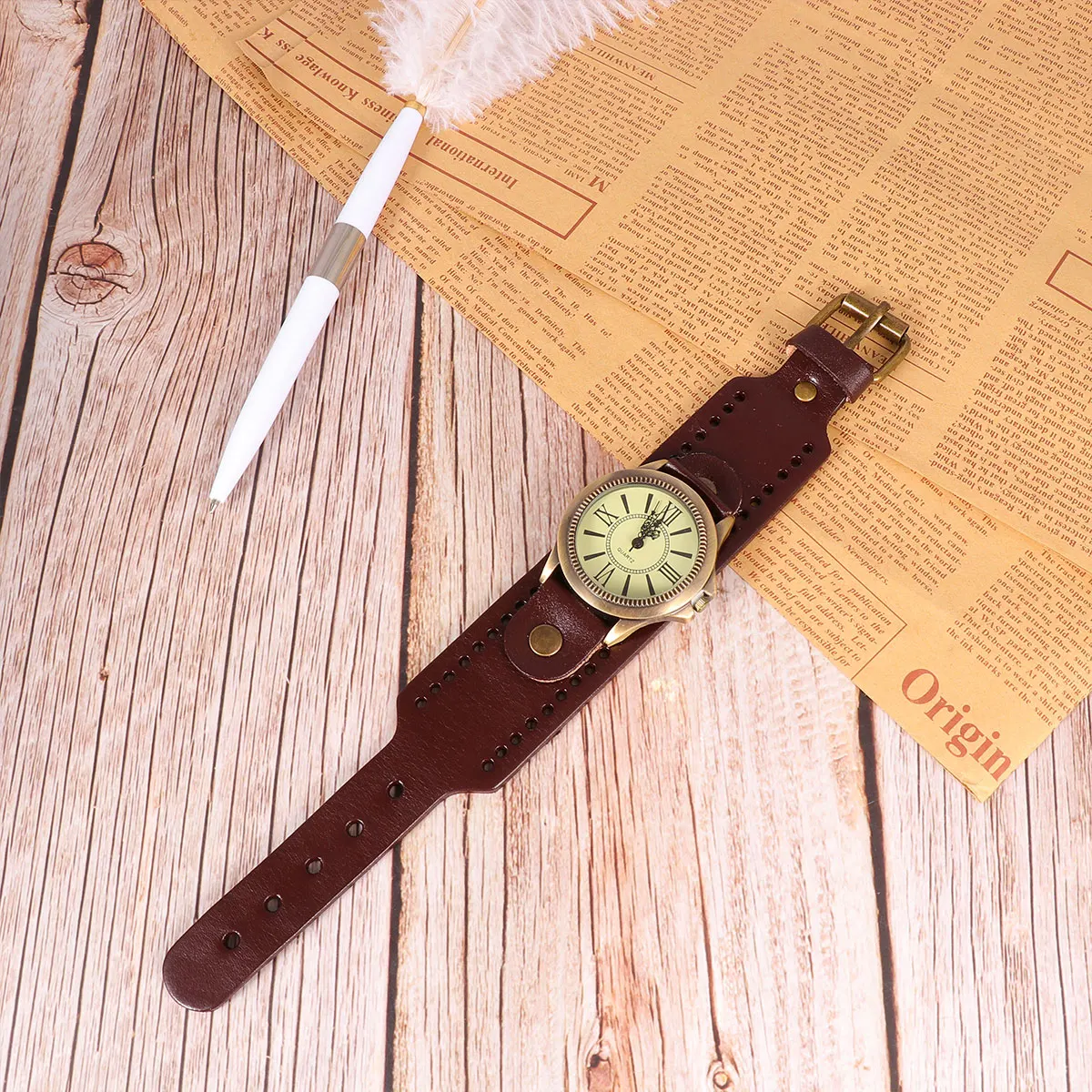 

1pc Retro Style Numeral Women Wristwatch Quartz Wristwatch Genuine Cowhide Band Women'S Bracelet Watch Light Coffee