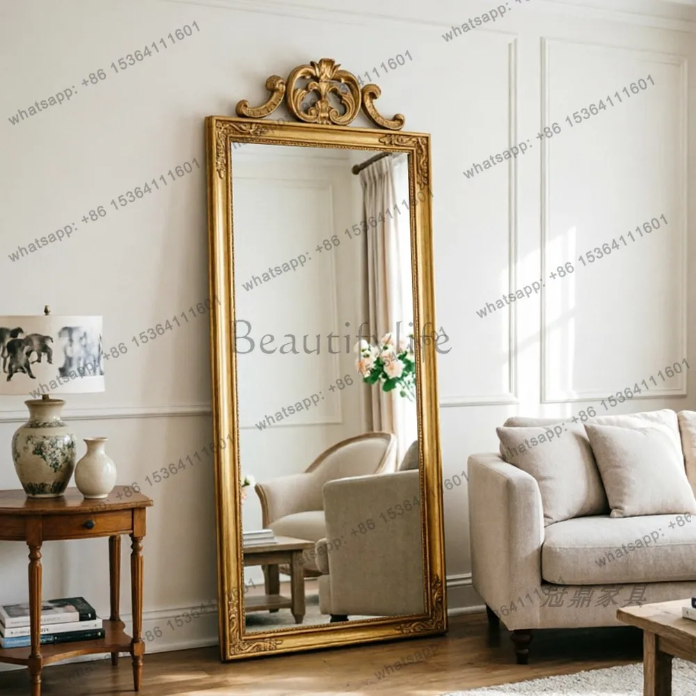 YJ French Retro Carved Rectangular Full‑Length Mirror Mid‑Century Vintage Unit For American Luxury Cloakroom Dressing Home Decor