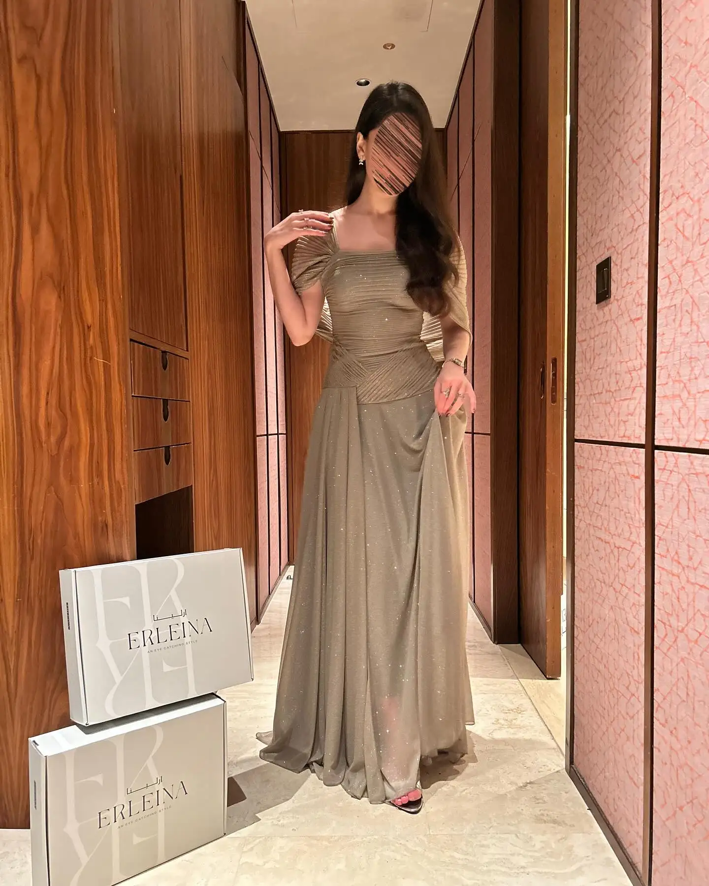 Remote Moon Square Neck Short Sleeve Ruched Khaki Chiffon A-Line Evening Dress 2026 Floor-Length Prom Party Gown MN550 Customize
