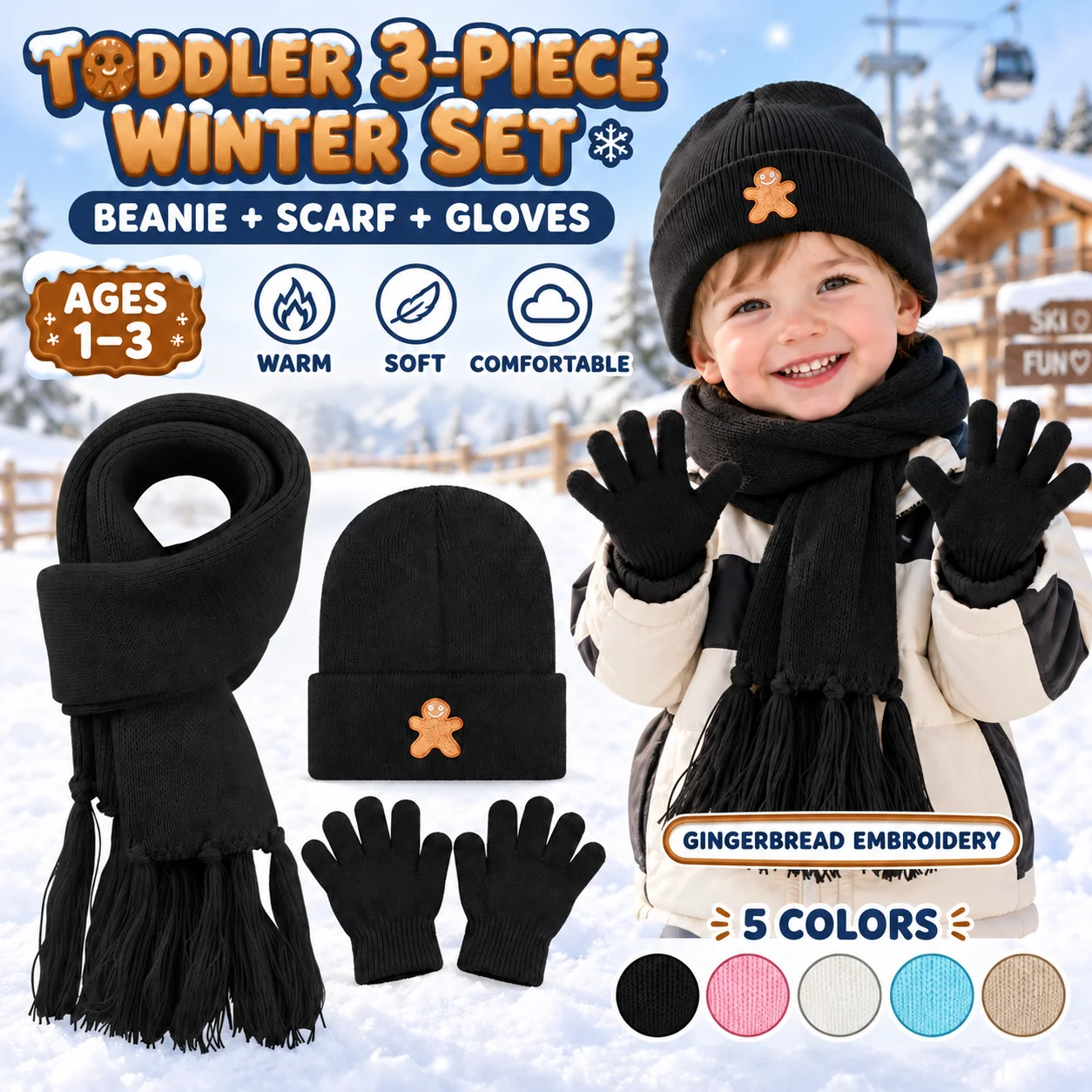 Soft Knitted 3Pcs Toddler Hat Scarf Gloves Set 1‑3Y, Lovely Gingerbread Man Embroidery Warm Winter Accessories for Xmas Gatherin