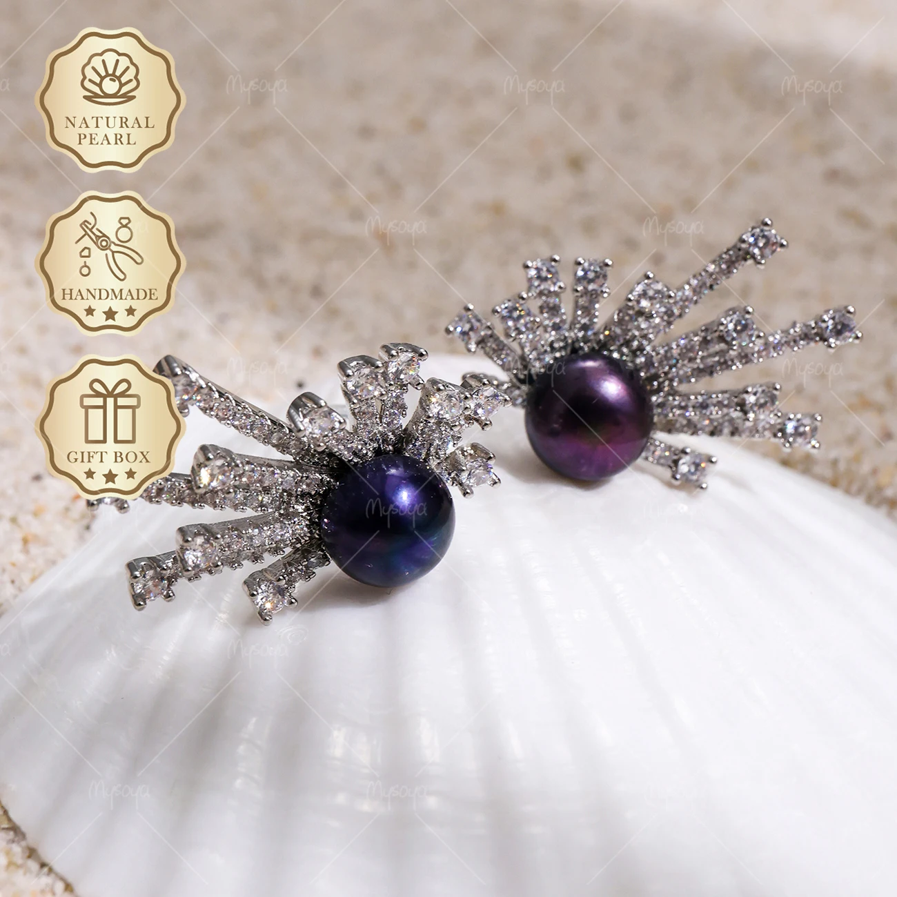 

MYSOYA Black Freshwater Pearl Stud Earrings 8-9mm Silver Firework Design, Gift Box, Birthday Jewelry S418