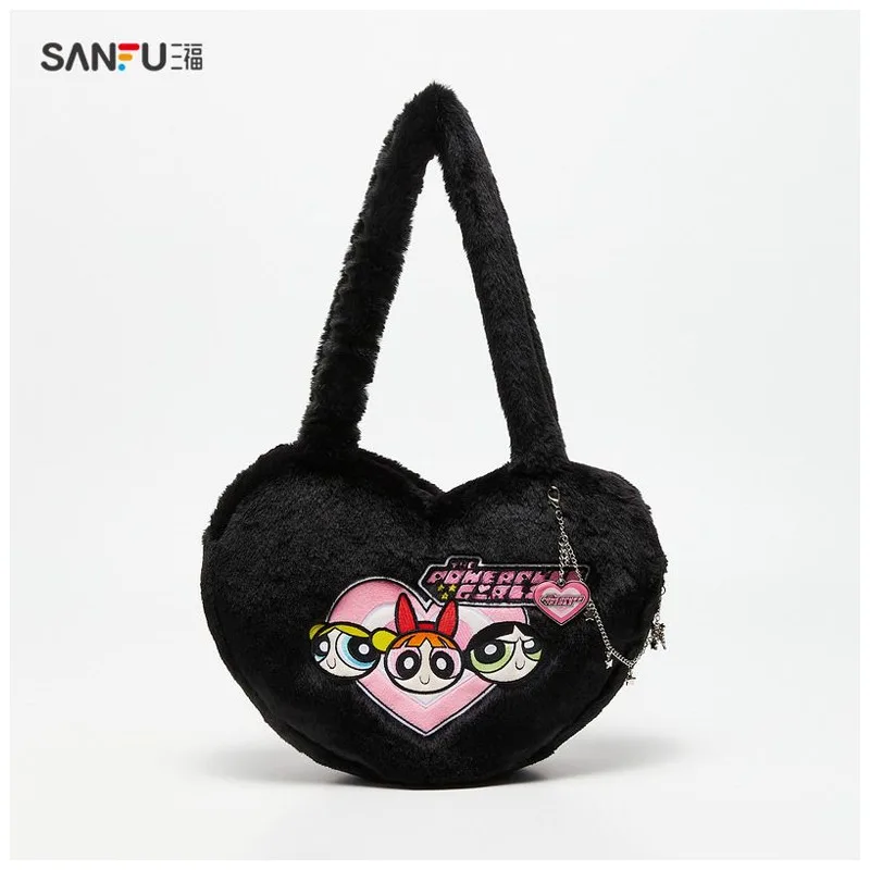 

Anime Cartoon The Powerpuff Girls Series Love Heart Shaped Plush Shoulder Bag Kawaii Fashion Storage Handbag Girl Birthday Gift