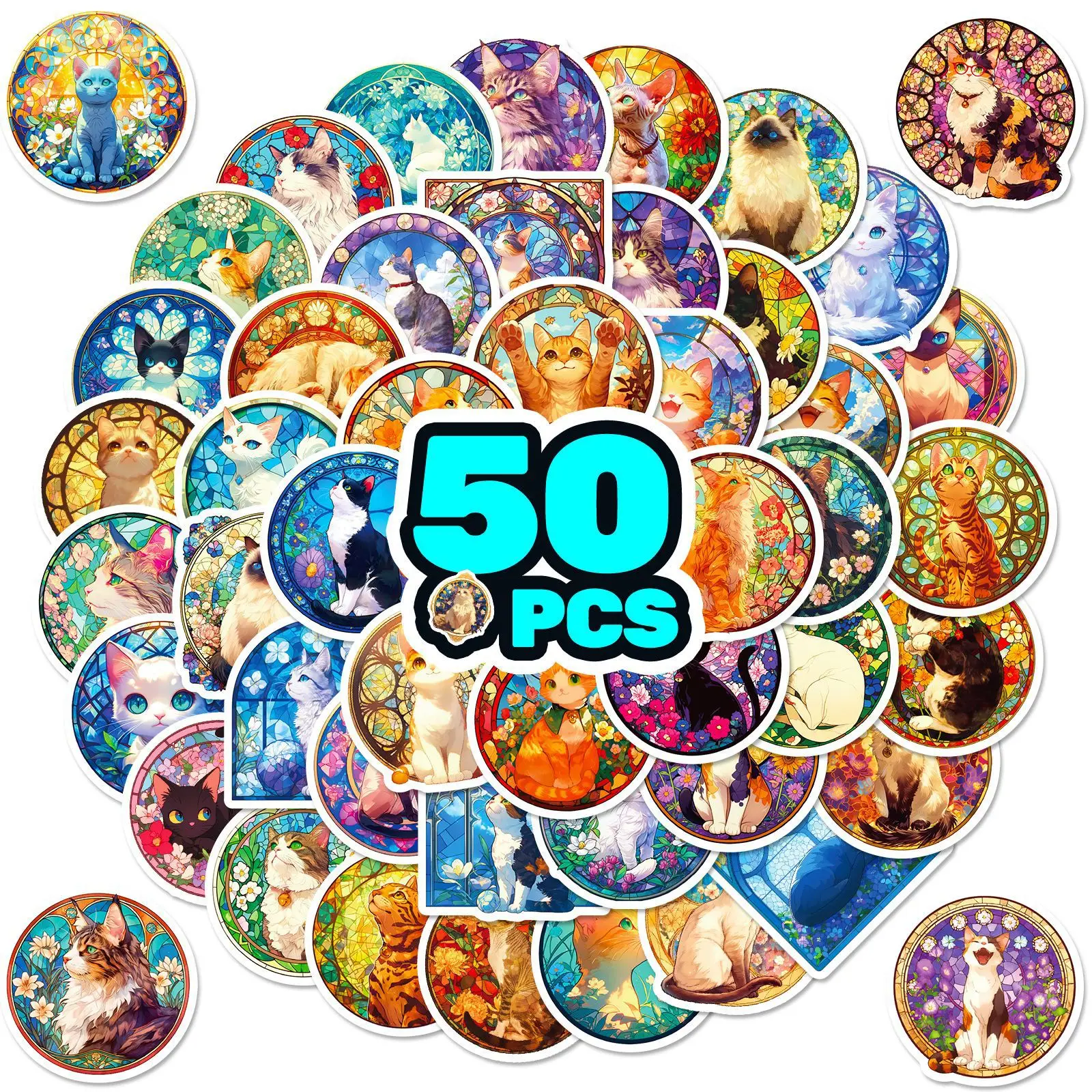 50 Pcs Cute Stained Glass Cat Stickers PP Waterproof Decorative Stickers for Journaling DIY Crafts Motivational Reward Decals - view 2