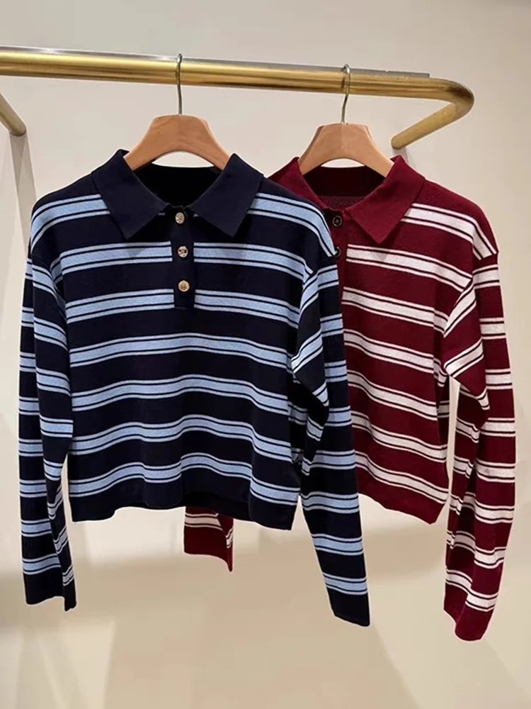 

Casual Stripe Knit irt Women's Loose Long Sve Crew Ne Pullover High-End Version EU Design Sense S Home Color Blo