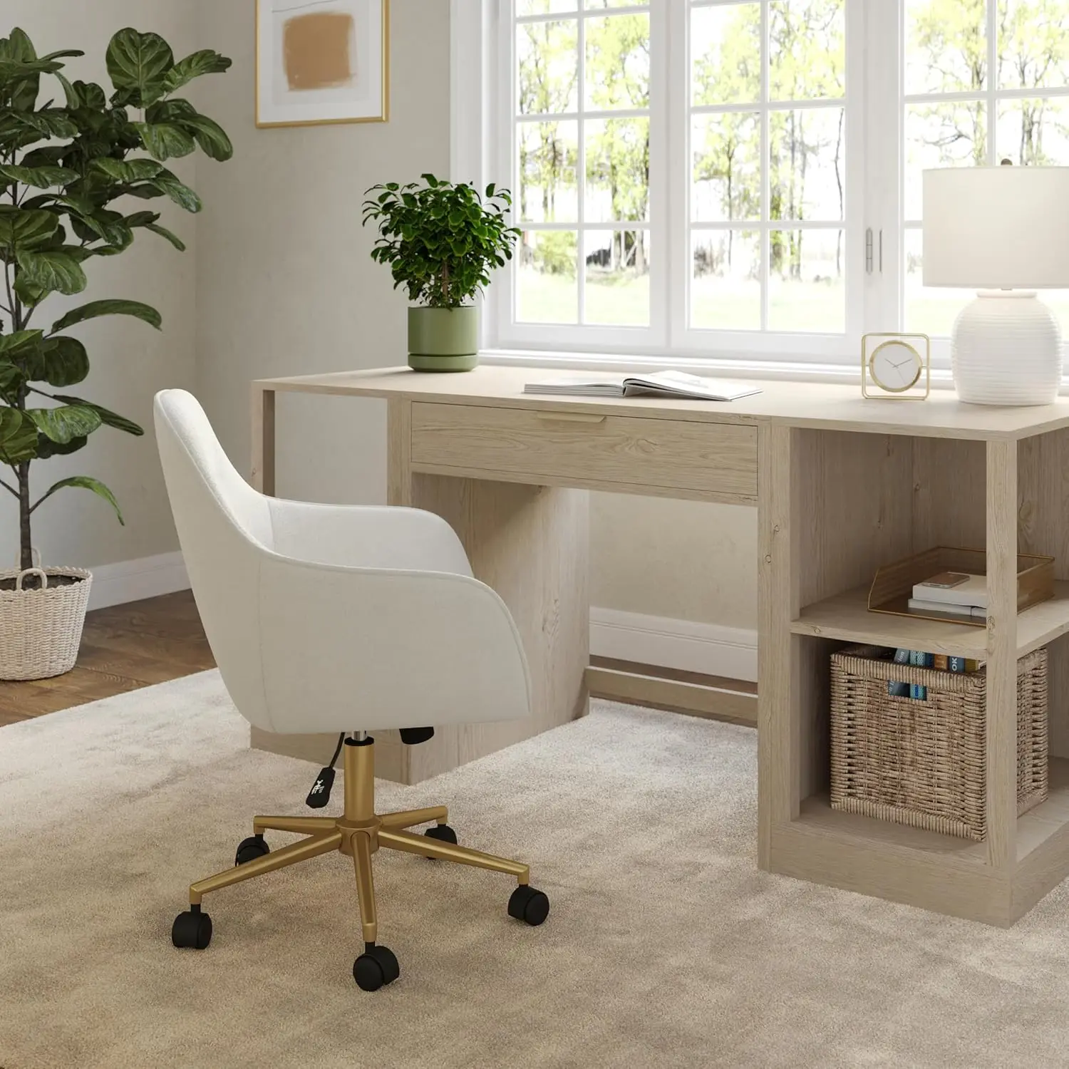 Off White Fabric and Polished Brass Frame Swivel Task Chair for Home Office with Flared Arms