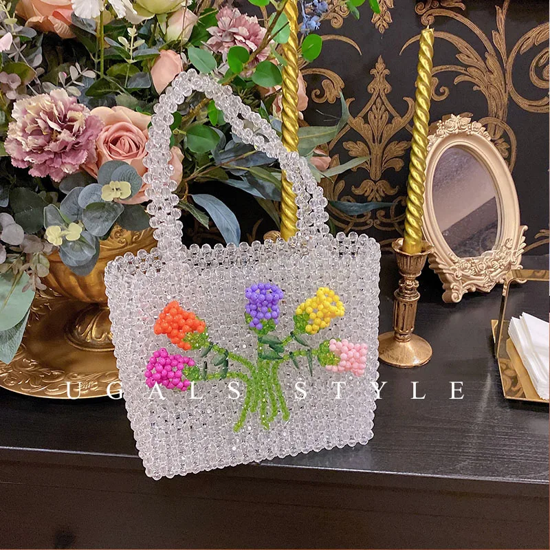 2023 New Customized Hand Woven Beaded Bag Women\'s Fashion Flower Design Crystal Handbag Exquisite Fairy Banquet Party Sac A Main