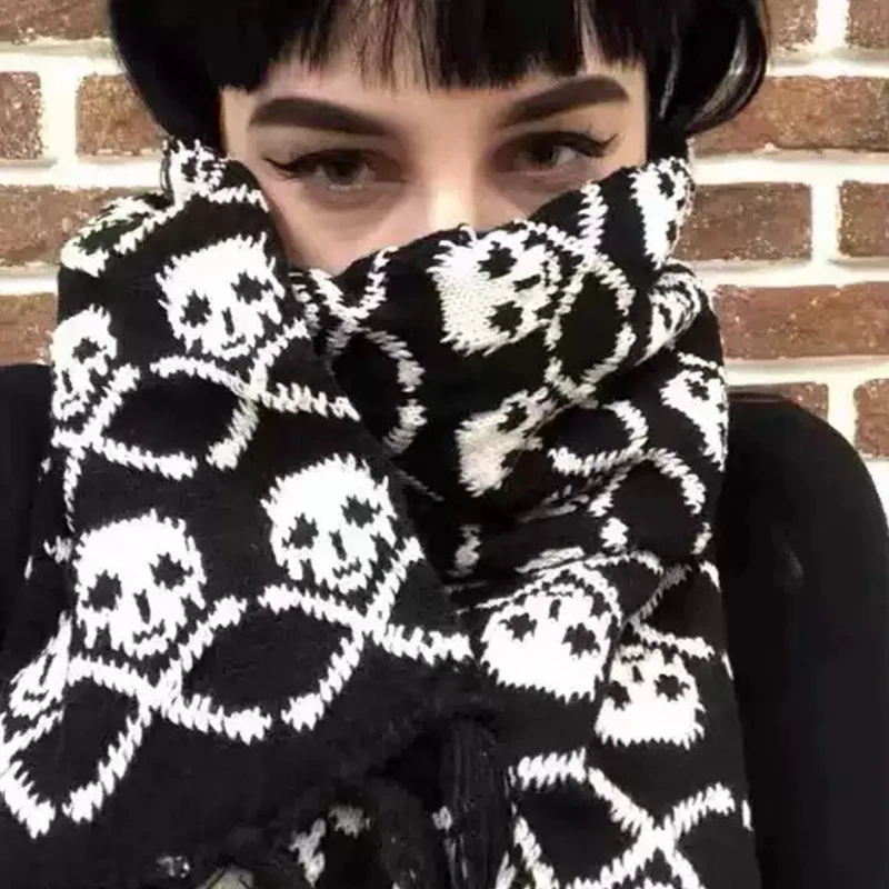 Punk Dark Style Y2k Girls Subculture Harajuku Thick Warm Knit Scarf Skull Wrap for Women Men Goth Black White Vintage Scarves