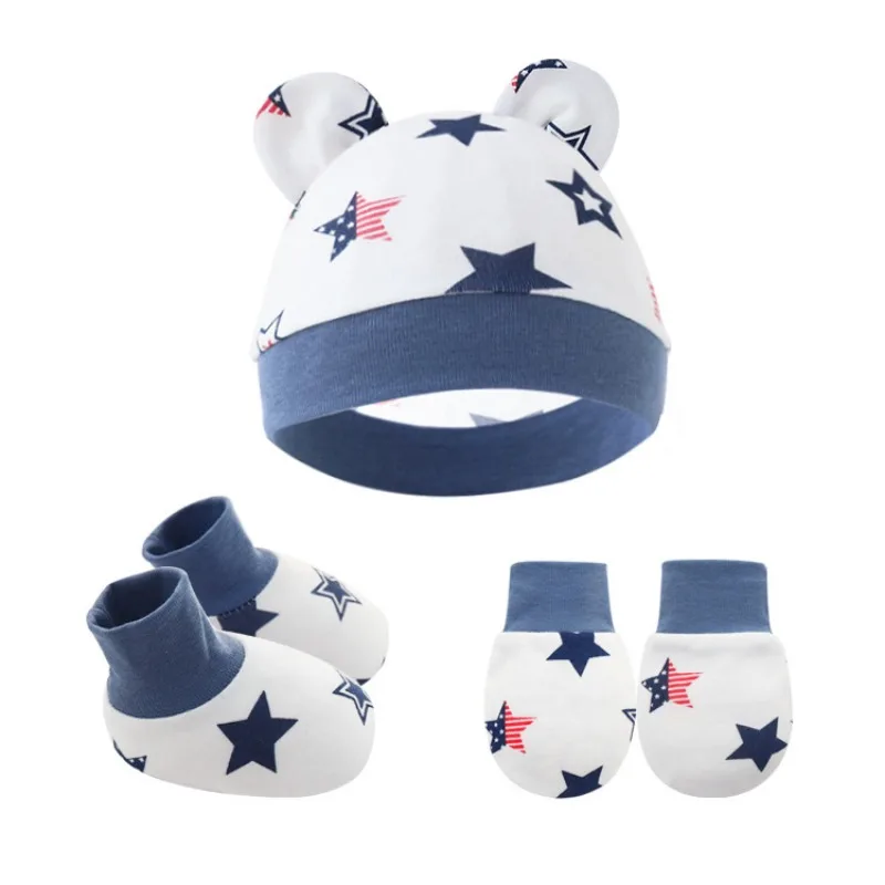 New Design Cute Print No Scratch Infant Unisex Baby Boys Girls Newborn Cap Mitten Sock Sets