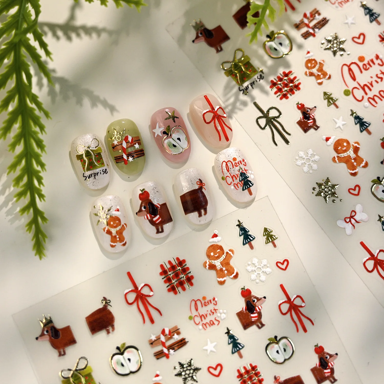 Gold Stamped Cute Dachshund Gingerbread Man Apple Bowknot Gift Snowflake Christmas Tree Nail Art Stickers Xmas Manicure Decals