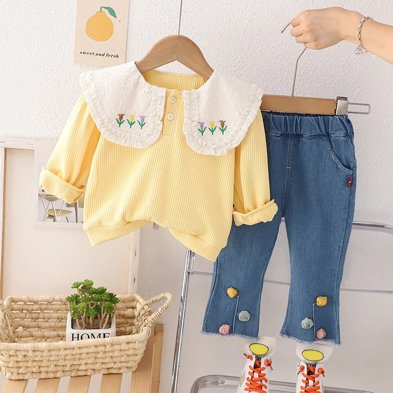 

2023 Autumn Infant Children Clothing Sets for Baby Girls Floral T Shirt Jeans Toddler Kids Tracksuit Spring Clothes Outfits