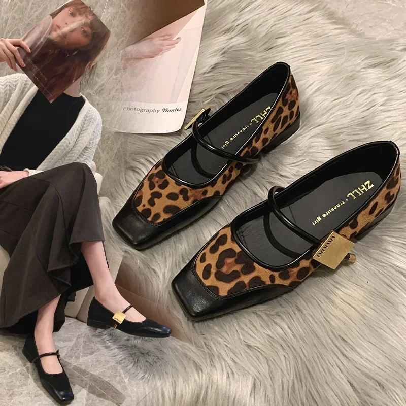 New 2024 Autumn Fashion Women\'s Flats Square Toe Leopard Print Casual Shoes Ladies Breathable Soft Mary Jane Shoes Plus Size 45