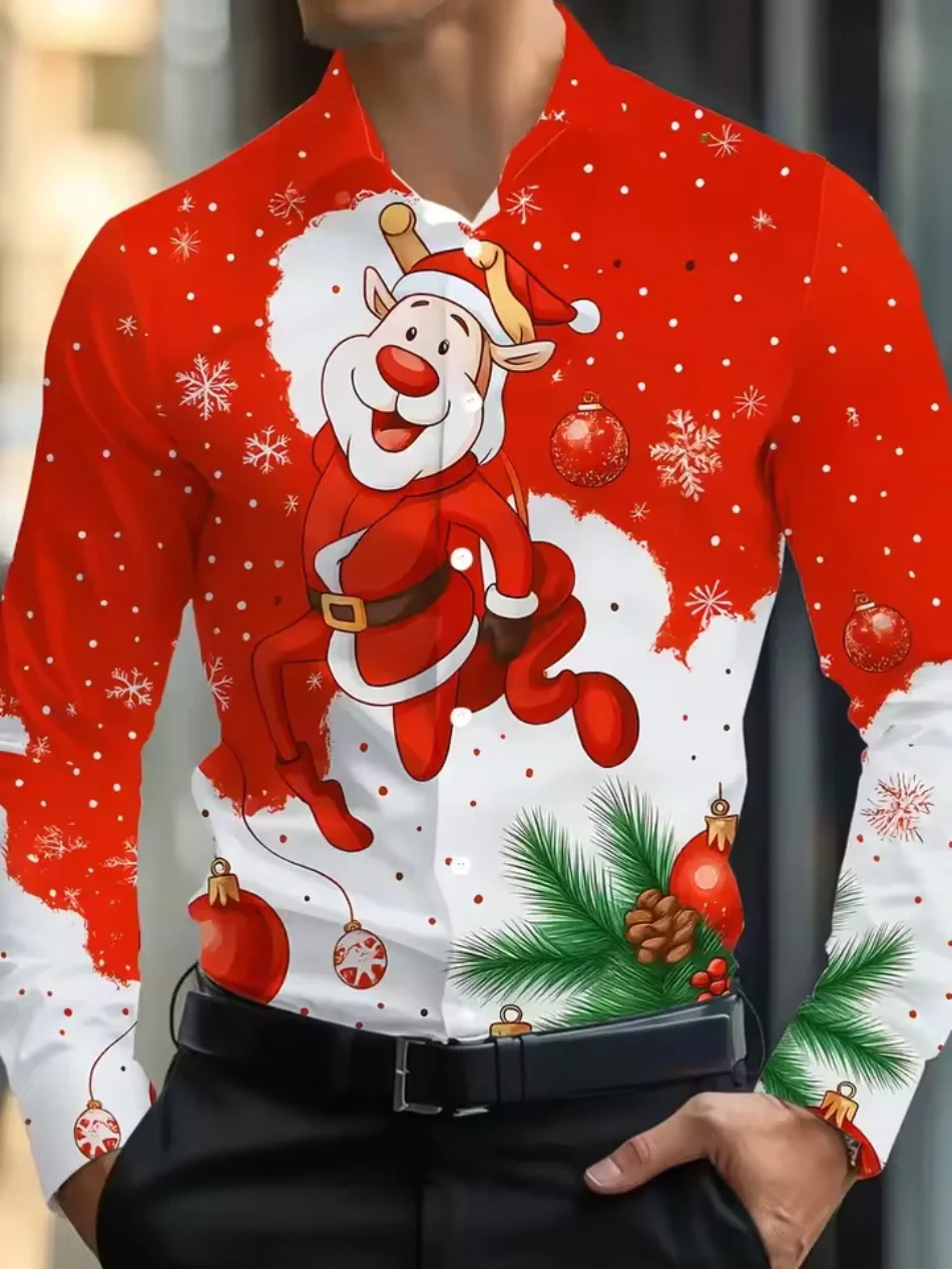 

2025 New Men's Christmas Theme Design 3D Printed Pattern Men's Long Sleeve Shirt Fashion Casual Party Button Collar Top