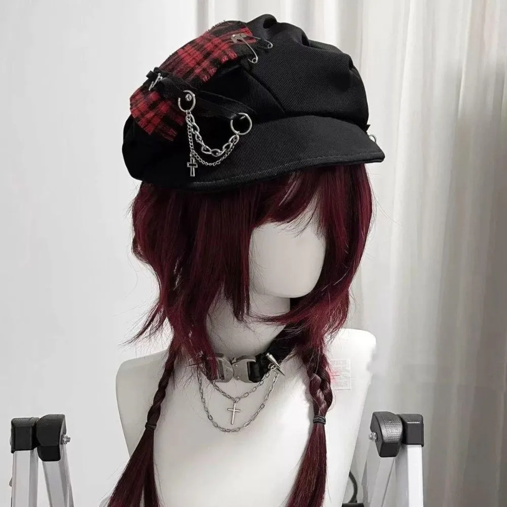 Vintage Rabbit Ears Plaid Beret Hat Thin Brim Y2K Painter Artist Cap Irregular Punk Octagonal Hat Travel